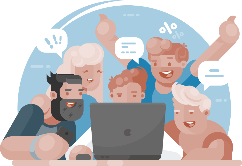 Illustration: group of young people happilly collaborating around a laptop.