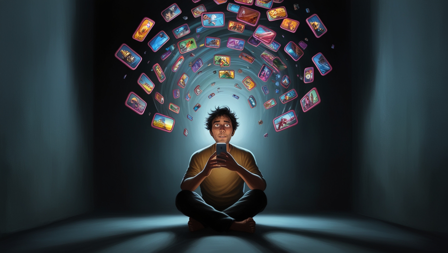 Man sitting in room holding a phone, videos flying around his head.